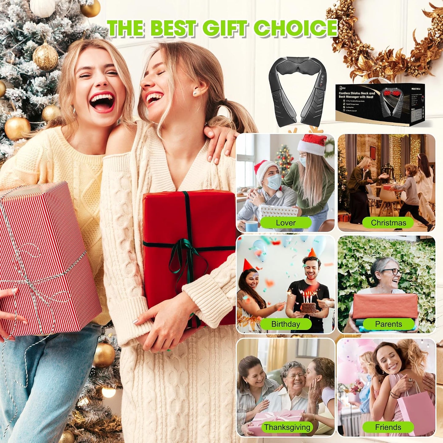 Cordless Shiatsu Neck and Back Massager with Heat, Electric Deep Tissue Kneading Neck and Shoulder Massage, Best Gifts for Women Men Mom Dad Mothers Fathers Day Birthday Gift, Black (Cordless
