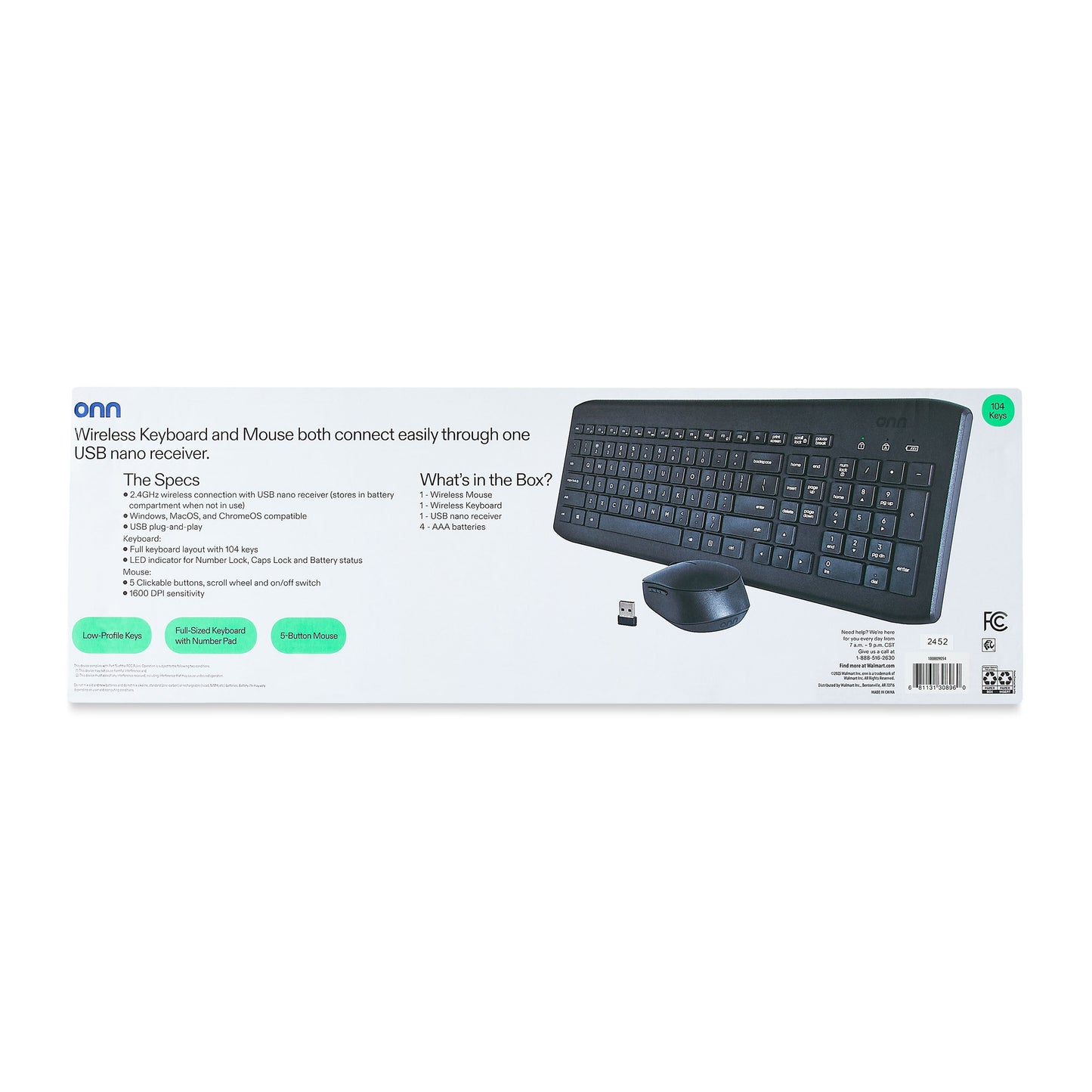 Wireless Keyboard & Mouse Combo, 104 Keys, Optical, USB Nano Receiver, Greystone