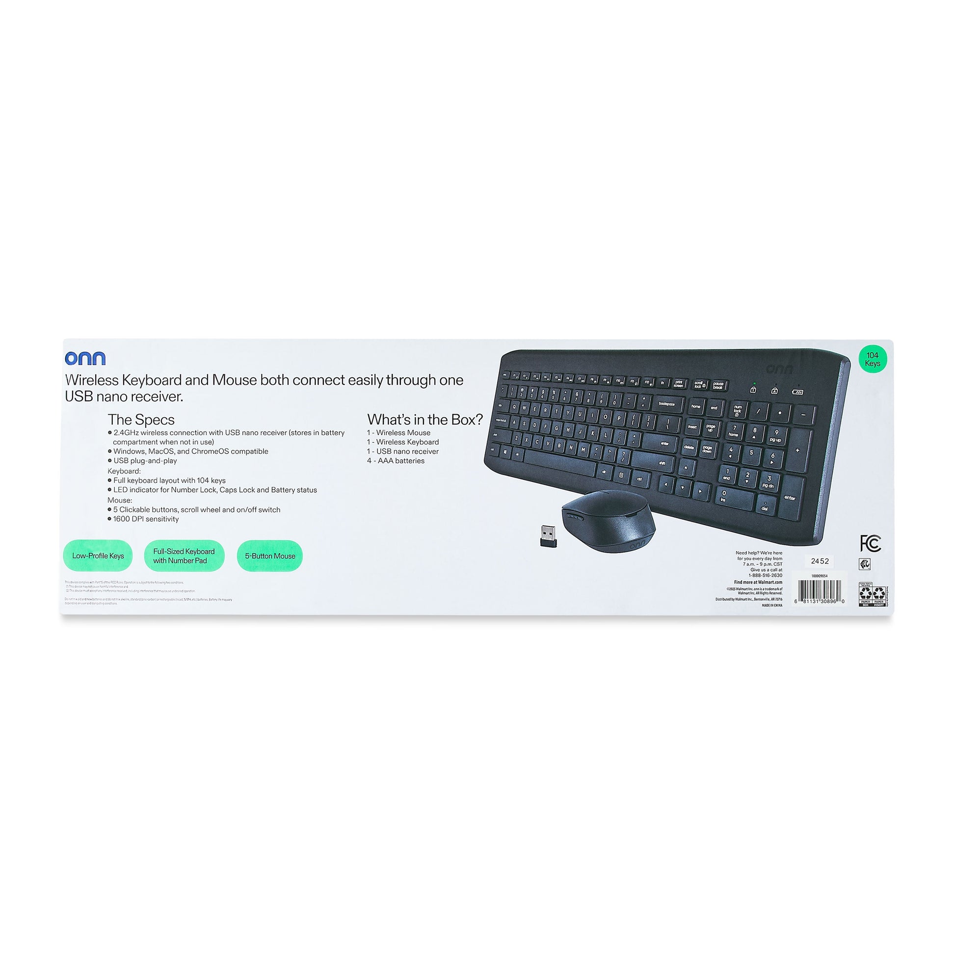 Wireless Keyboard & Mouse Combo, 104 Keys, Optical, USB Nano Receiver, Greystone
