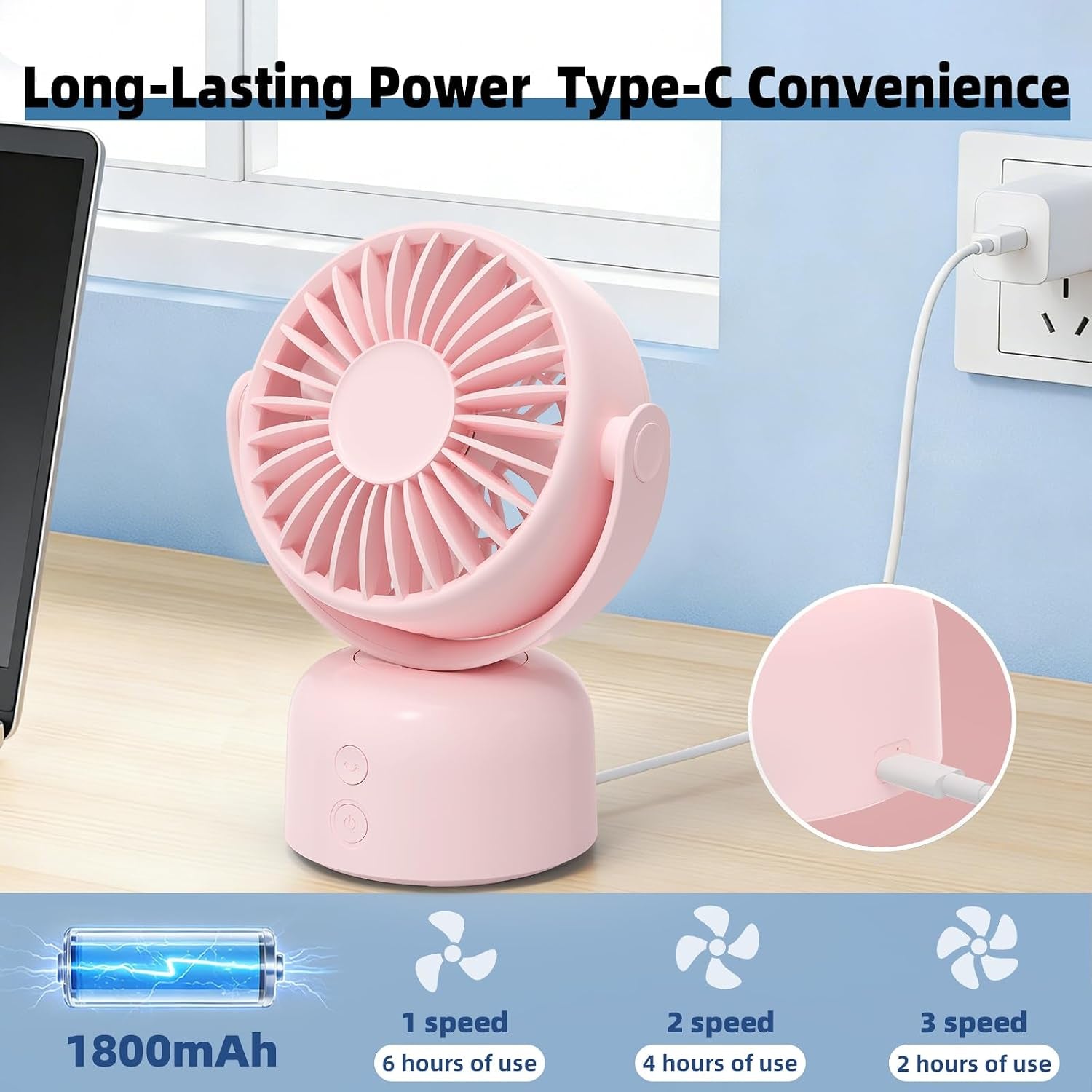 Small Oscillating Desk Fan USB Rechargeable 3 Speed Portable Mini Cooling Fan Quiet Personal Fan for Home Office Bedroom