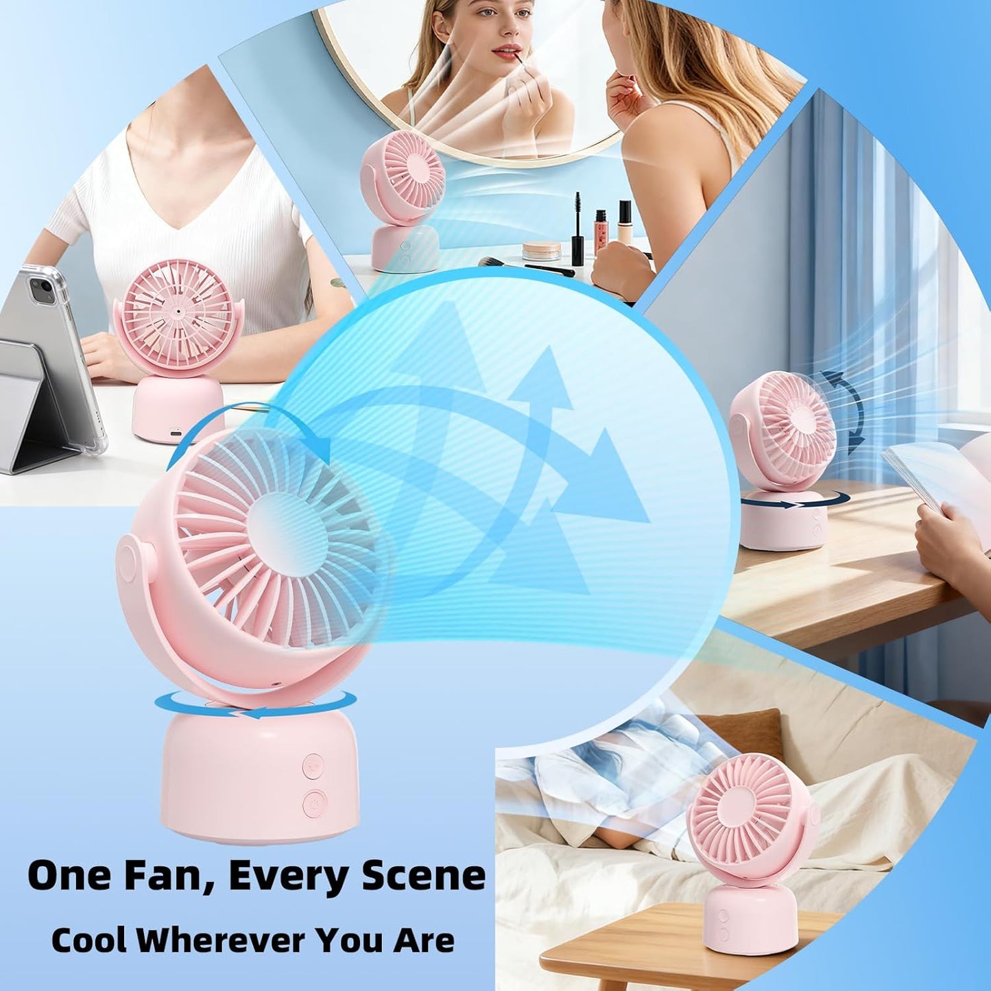 Small Oscillating Desk Fan USB Rechargeable 3 Speed Portable Mini Cooling Fan Quiet Personal Fan for Home Office Bedroom