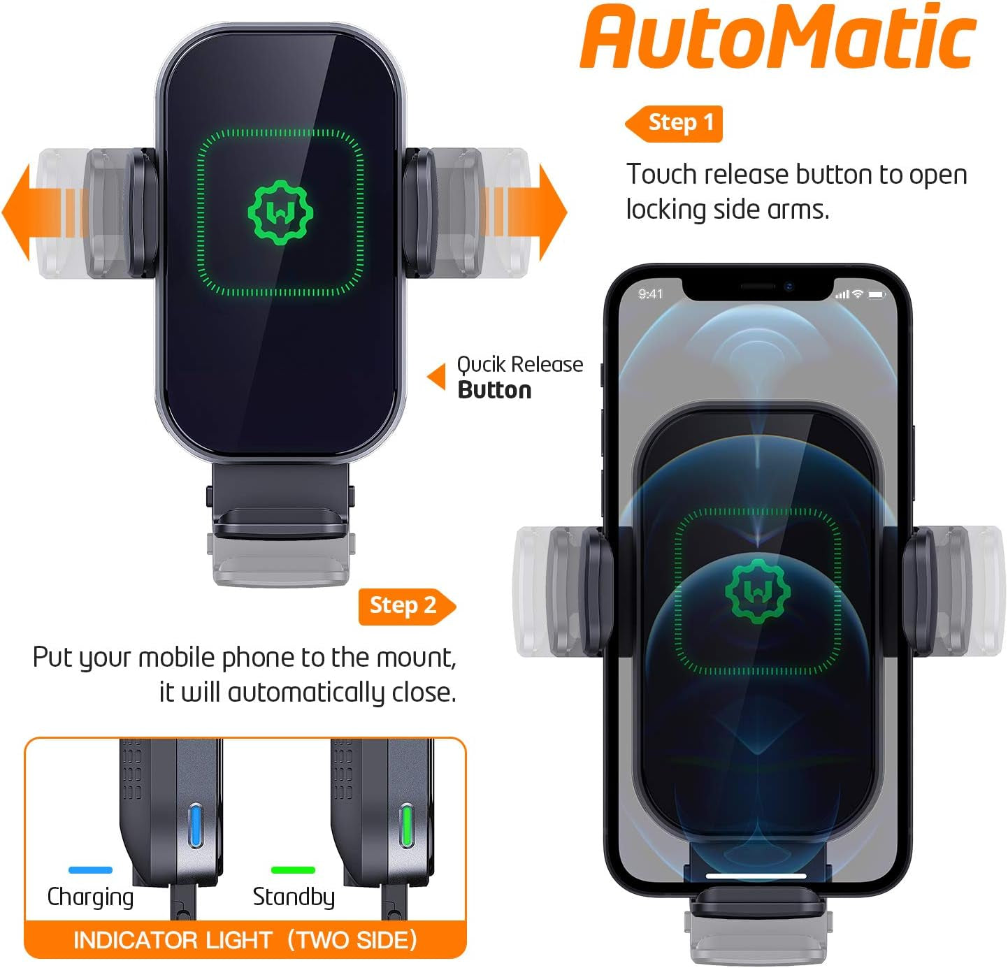 Wireless Car Charger, (New Version Automatic Arms) Auto-Clamping Fast Wireless Car Charger, Phone Holder for Car, 15W Qi Fast Chargingcompatible with Iphone 13 12 Mini 11 Pro Max,Samsung S21