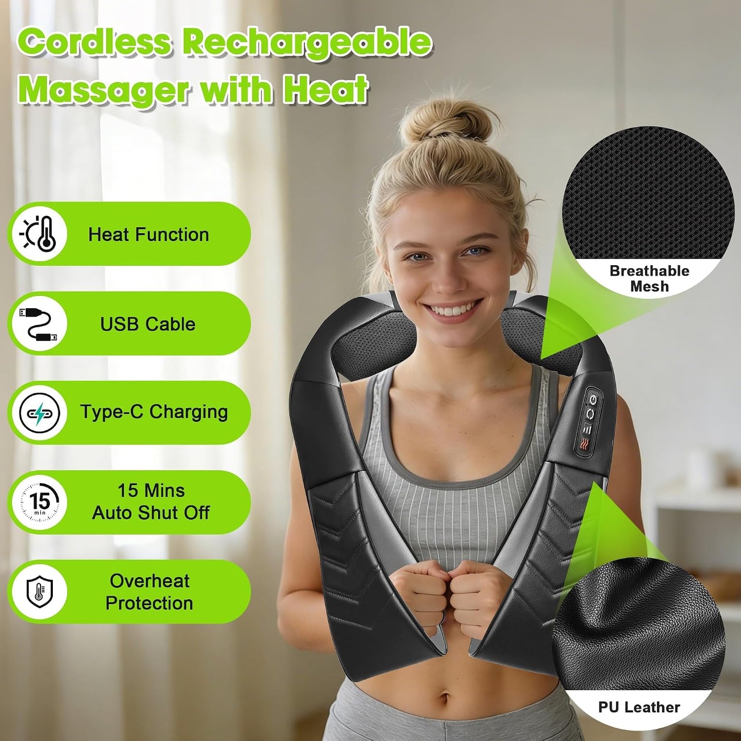 Cordless Shiatsu Neck and Back Massager with Heat, Electric Deep Tissue Kneading Neck and Shoulder Massage, Best Gifts for Women Men Mom Dad Mothers Fathers Day Birthday Gift, Black (Cordless