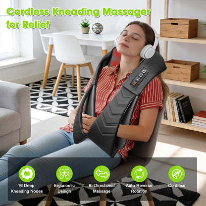 Cordless Shiatsu Neck and Back Massager with Heat, Electric Deep Tissue Kneading Neck and Shoulder Massage, Best Gifts for Women Men Mom Dad Mothers Fathers Day Birthday Gift, Black (Cordless