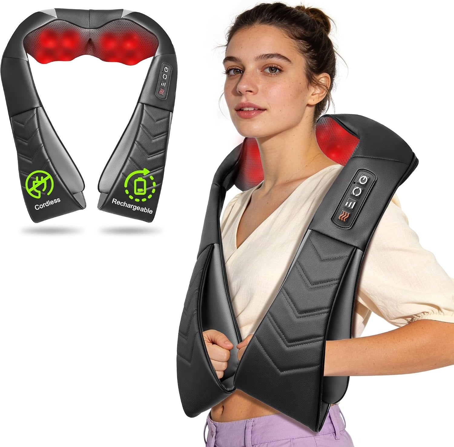 Cordless Shiatsu Neck and Back Massager with Heat, Electric Deep Tissue Kneading Neck and Shoulder Massage, Best Gifts for Women Men Mom Dad Mothers Fathers Day Birthday Gift, Black (Cordless
