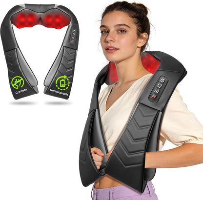 Cordless Shiatsu Neck and Back Massager with Heat, Electric Deep Tissue Kneading Neck and Shoulder Massage, Best Gifts for Women Men Mom Dad Mothers Fathers Day Birthday Gift, Black (Cordless