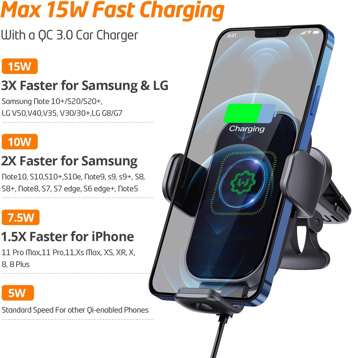 Wireless Car Charger, (New Version Automatic Arms) Auto-Clamping Fast Wireless Car Charger, Phone Holder for Car, 15W Qi Fast Chargingcompatible with Iphone 13 12 Mini 11 Pro Max,Samsung S21