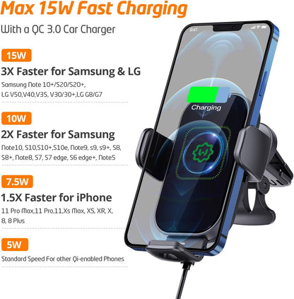 Wireless Car Charger, (New Version Automatic Arms) Auto-Clamping Fast Wireless Car Charger, Phone Holder for Car, 15W Qi Fast Chargingcompatible with Iphone 13 12 Mini 11 Pro Max,Samsung S21