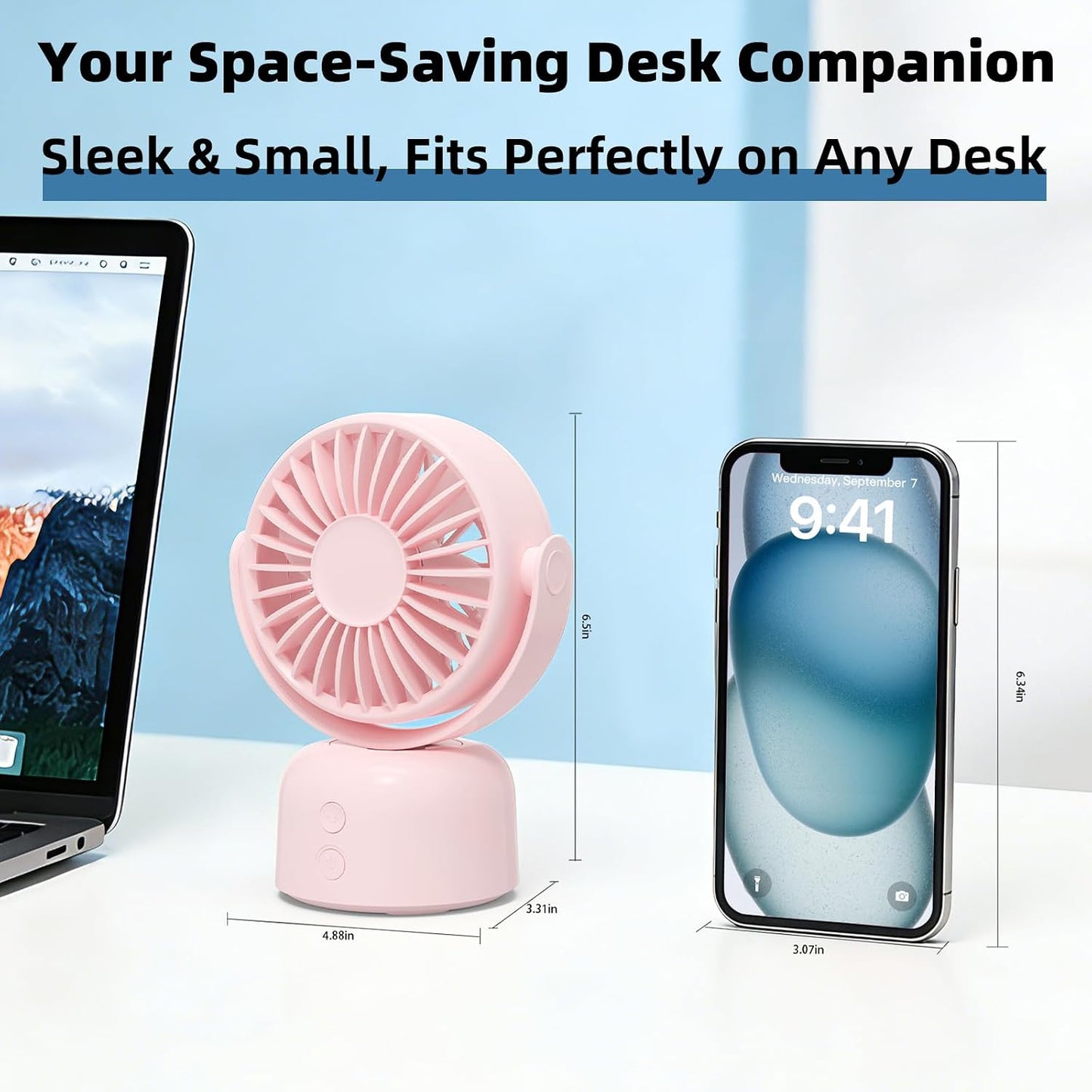 Small Oscillating Desk Fan USB Rechargeable 3 Speed Portable Mini Cooling Fan Quiet Personal Fan for Home Office Bedroom
