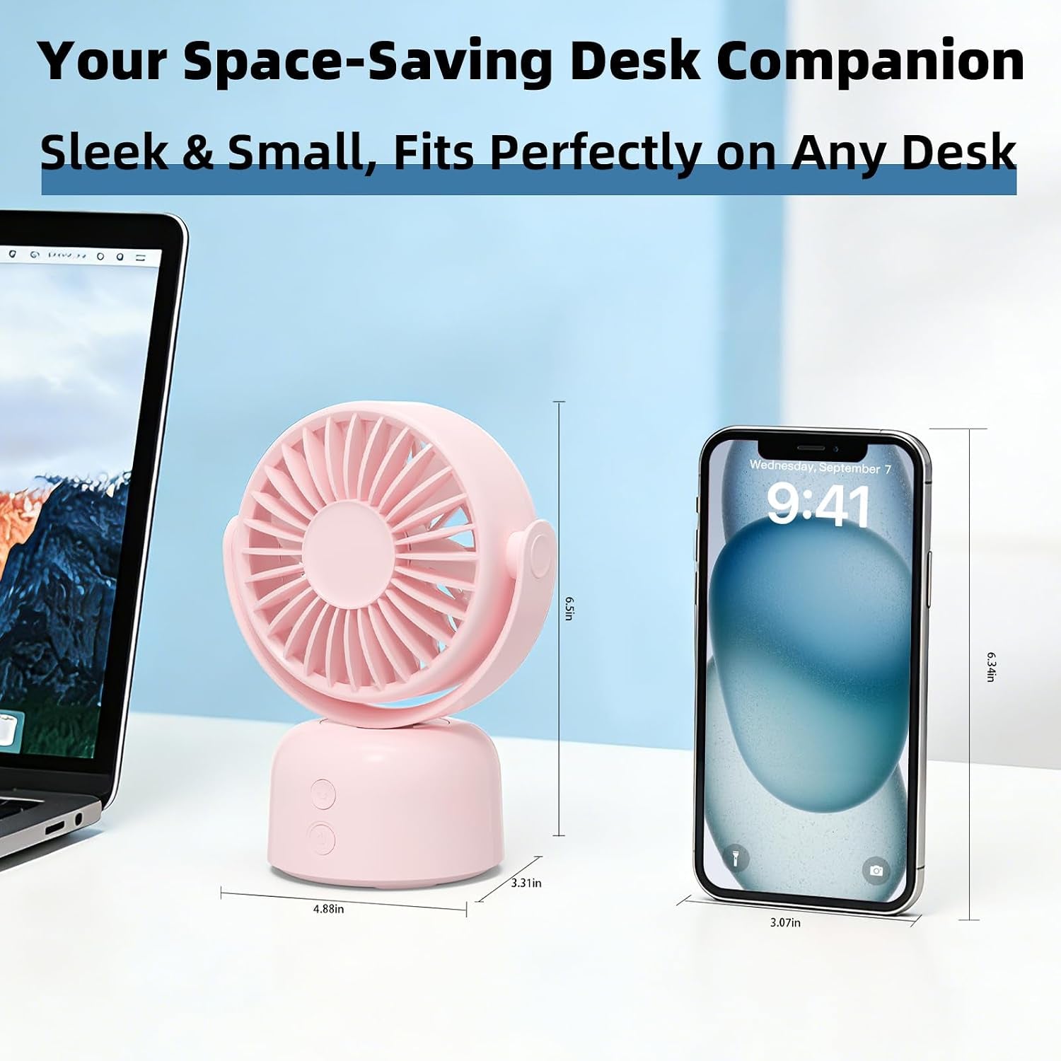 Small Oscillating Desk Fan USB Rechargeable 3 Speed Portable Mini Cooling Fan Quiet Personal Fan for Home Office Bedroom