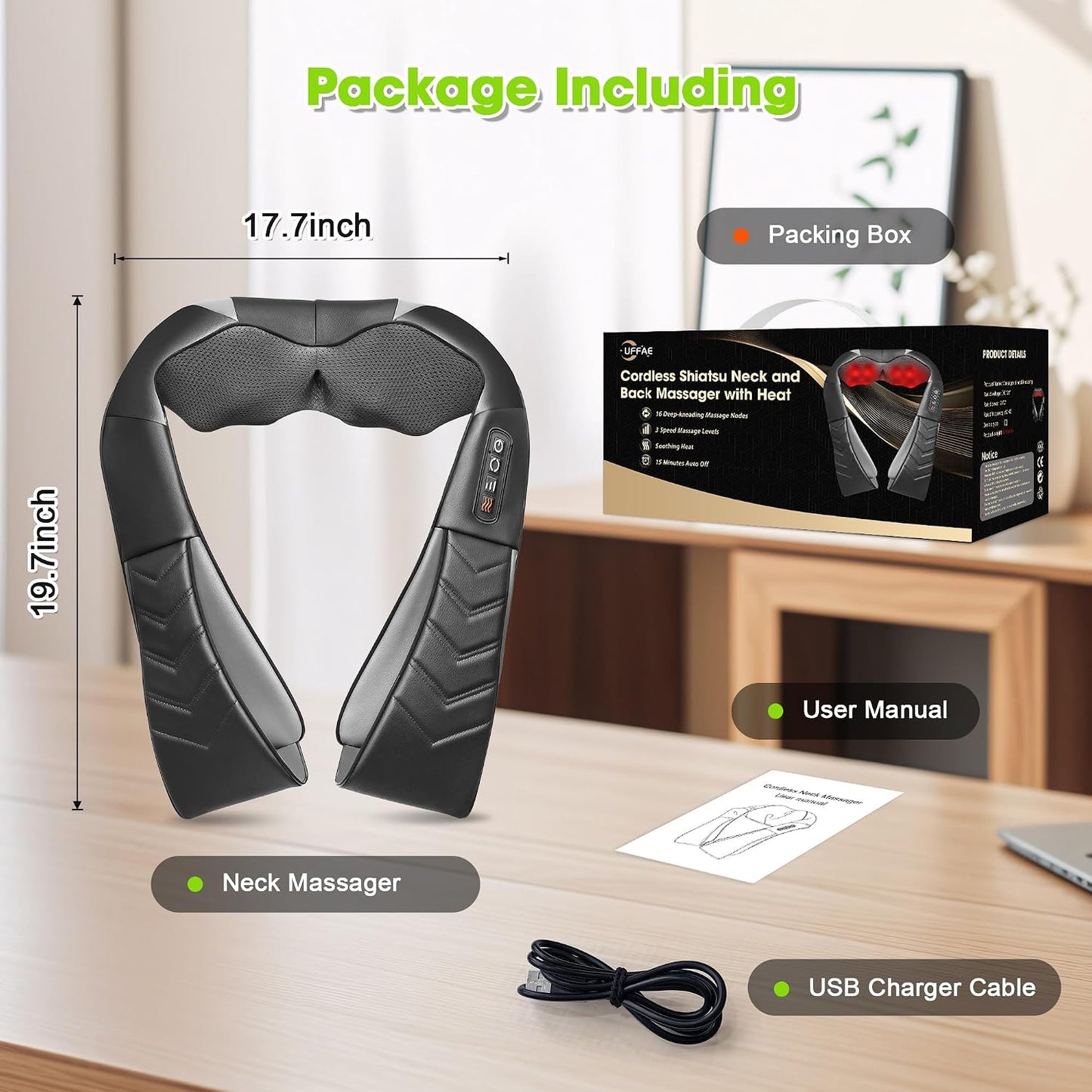 Cordless Shiatsu Neck and Back Massager with Heat, Electric Deep Tissue Kneading Neck and Shoulder Massage, Best Gifts for Women Men Mom Dad Mothers Fathers Day Birthday Gift, Black (Cordless